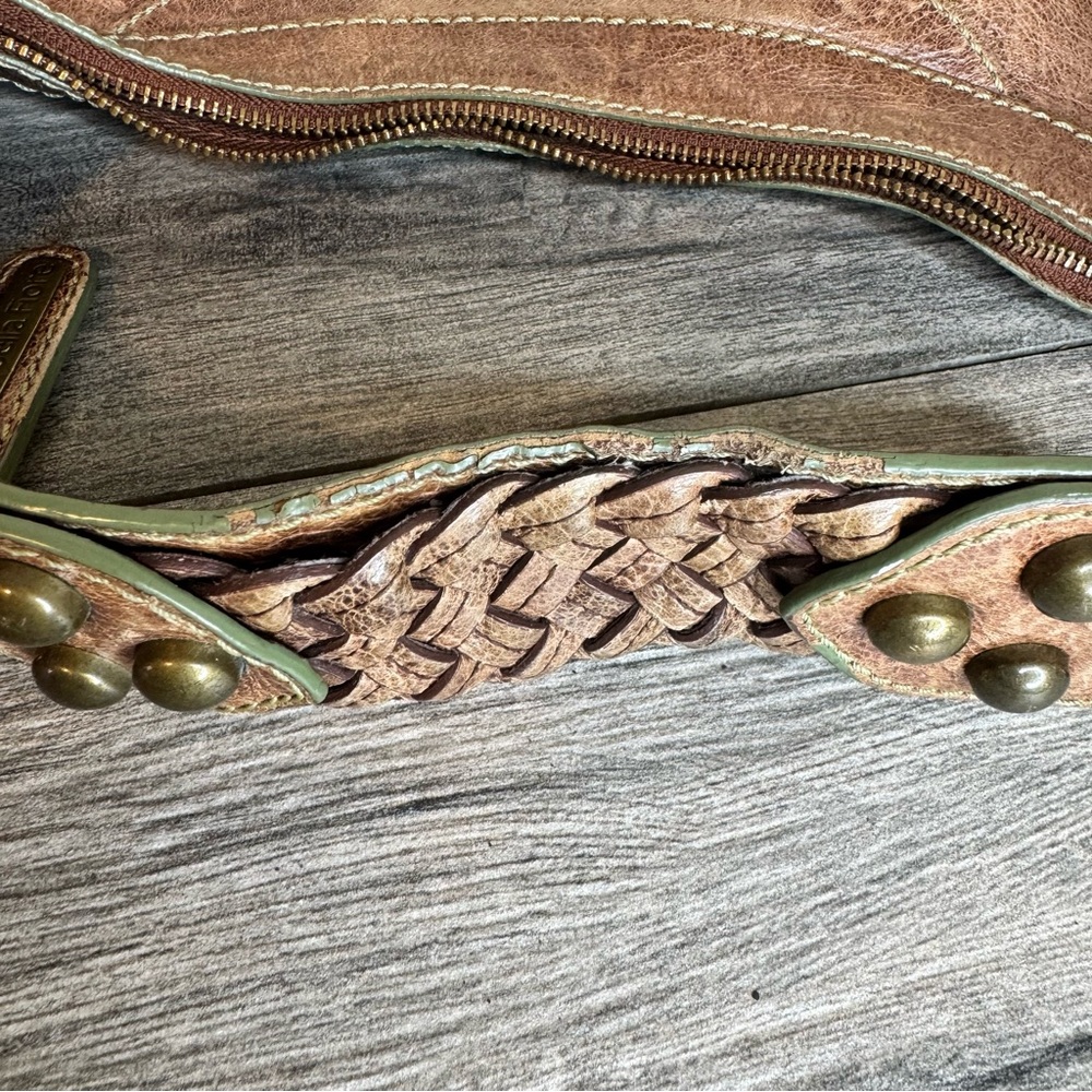 Isabella Fiore Oasis Hobo Brown Distressed Leather Brass Studded Shoulder Bag - Picture 13 of 16